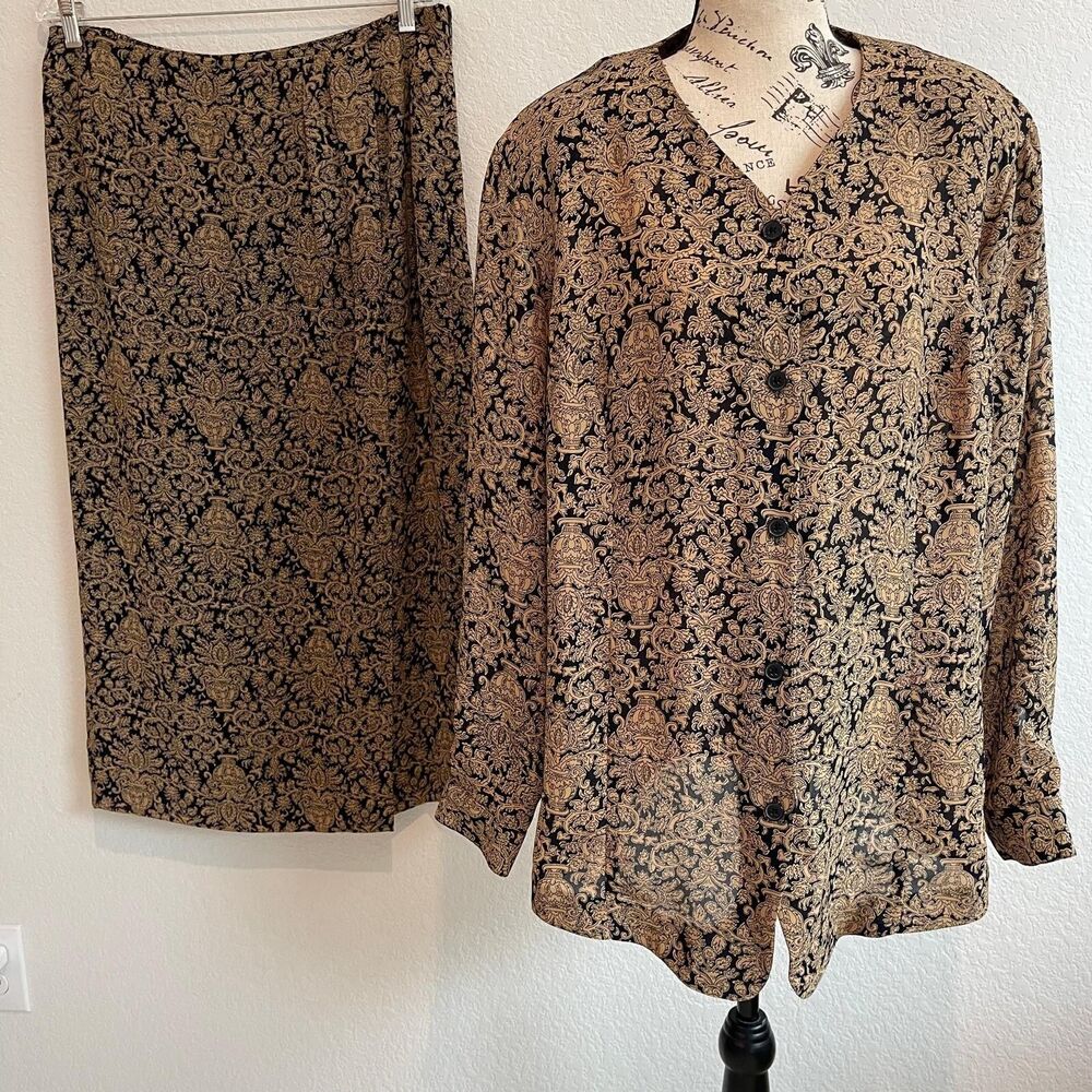 CHAUS Womens 2 Piece Blouse button Up & Skirt 16 Brown Paisley Boho Classic‎ VTG